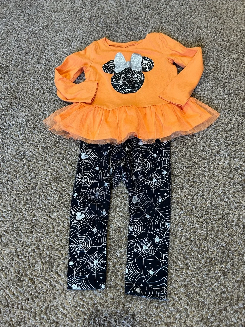 Girls Orange Halloween Tutu Top and Spiderweb Leggings Set